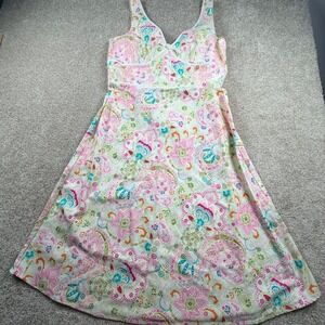 Karin Stevens Pink Green Paisley Floral Cotton Smocked Back Midi Sundress 12